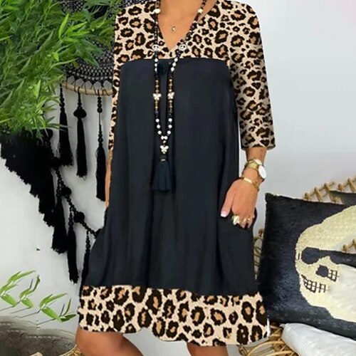 

Women's A Line Dress Knee Length Dress Black Long Sleeve Leopard Patchwork Summer Spring V Neck Casual Winter Dress Fall Dress Loose Fit 2023 S M L XL XXL 3XL