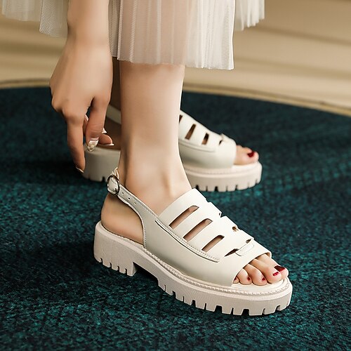 

Women's Sandals Plus Size Buckle Cuban Heel Open Toe Preppy Minimalism Daily Work PU Leather Buckle Fall Summer Solid Colored Black Ivory