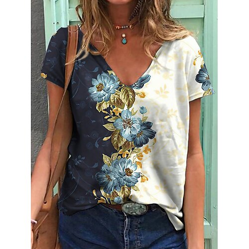 

T shirt Tee Femme Noir Blanche Jaune Floral Oiseau Imprimer Manche Courte Casual Vacances basique Col V Normal Standard Fleur Peinture S