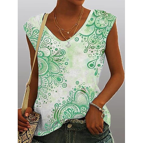 

Women's Floral Theme Tank Top Floral Print V Neck Casual Tops Green / 3D Print