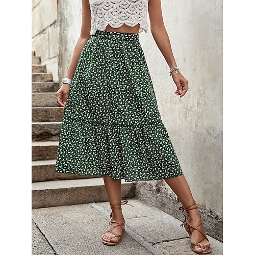 

Women's Skirt Swing Midi Polyester Green Skirts Summer Ruffle Print Without Lining Fashion Holiday Vacation S M L / Loose Fit