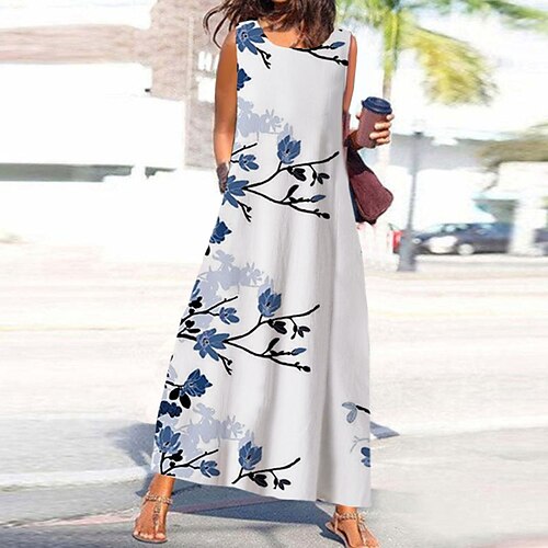 

Women's A Line Dress Maxi long Dress White Sleeveless Floral Pocket Print Spring Summer Round Neck Stylish Casual Vacation 2022 S M L XL XXL 3XL