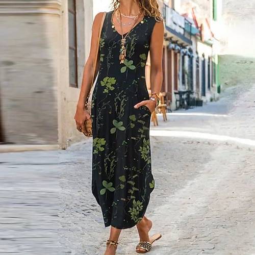 

Women's Shift Dress Maxi long Dress Black Sleeveless Floral Pocket Print Spring Summer V Neck Casual Vintage 2022 S M L XL XXL 3XL