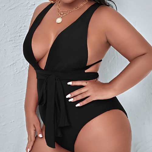 

Women's Swimwear One Piece Monokini Bathing Suits Plus Size Swimsuit Open Back Pure Color Black Royal Blue Plunge Bathing Suits New Vacation Fashion / Sexy / Modern / Padded Bras