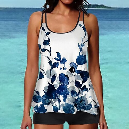 

Women's Swimwear Tankini 2 Piece Normal Swimsuit Printing Flower Blue Camisole Strap Bathing Suits Sports Vacation Fashion / Sexy / Modern / New / Padded Bras