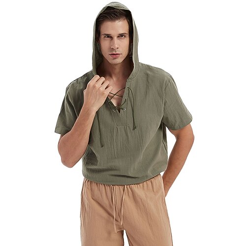 

Men's Shirt Solid Color Hooded Street Casual Drawstring Short Sleeve Tops Casual Fashion Breathable Comfortable Green Blue Black