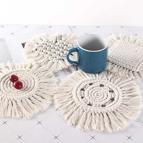 

Handmade Cotton Woven Boho Placemats Cotton Cup Coaster,Modern Farmhouse Fringe Placemats for Dining Table, Kitchen, Bohemian Wedding Décor, Rustic Natural