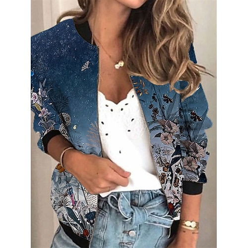 

Women's Bomber Jacket Varsity Jacket Outdoor Daily Holiday Spring Summer Regular Coat Stand Collar Regular Fit Breathable Active Sporty Casual Jacket Long Sleeve 3D Print Floral Full Zip Print Blue
