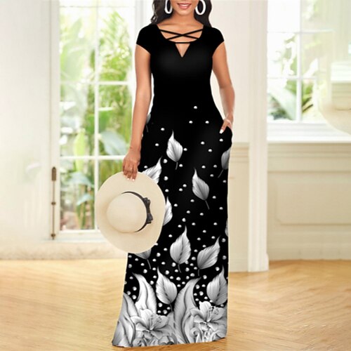 

Women's Sheath Dress Maxi long Dress Black Short Sleeve Floral Hollow Out Print Spring Summer V Neck Stylish Casual 2022 S M L XL XXL 3XL 4XL 5XL