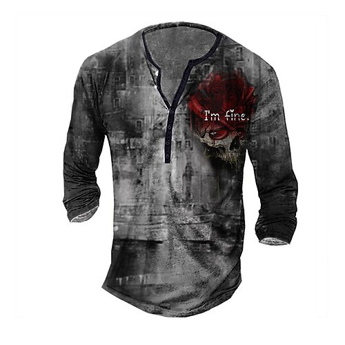 

Men's Henley Shirt Tee T shirt 3D Print Graphic Rose Plus Size Henley Daily Sports Button-Down Print Long Sleeve Tops Basic Vintage Classic Designer Gray