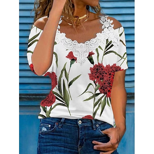 

Women's Off Shoulder Lace Flower / Floral Daily Off Shoulder T-shirt Sleeve Stard Summer White