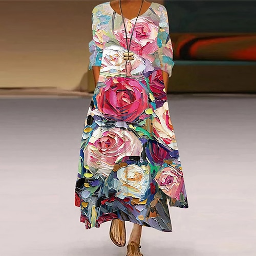 

Women's A Line Dress Maxi long Dress Green Blue Gray Rainbow Long Sleeve Floral Color Gradient Pocket Button Print Spring Summer Round Neck Elegant Casual Vacation Loose 2022 S M L XL XXL 3XL 4XL 5XL