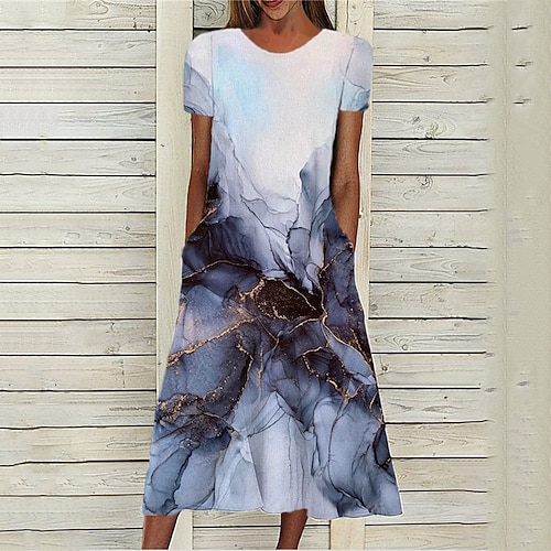 

Women's A Line Dress Midi Dress Blue Short Sleeve Print Pocket Print Spring Summer Round Neck Stylish Casual Modern 2022 S M L XL XXL 3XL