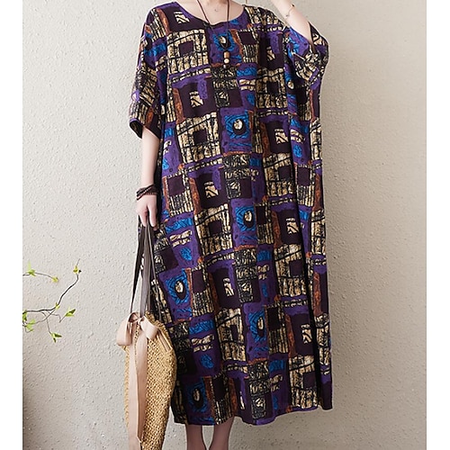 

Women's Shift Dress Maxi long Dress Green Dark Blue Red Short Sleeve Floral Print Print Summer Crew Neck Vintage Linen One-Size