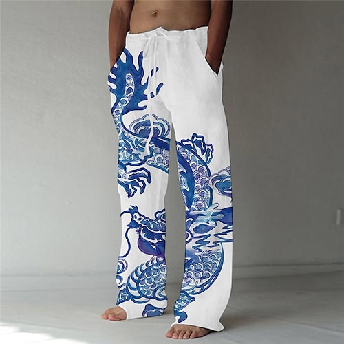 

Hombre Pantalones Pantalones de verano Pantalones de playa Corte Recto Diseño de cordón elástico Bolsillo delantero Pierna recta Dragón Estampados Pintura en tinta Comodidad Suave Casual Diario Para