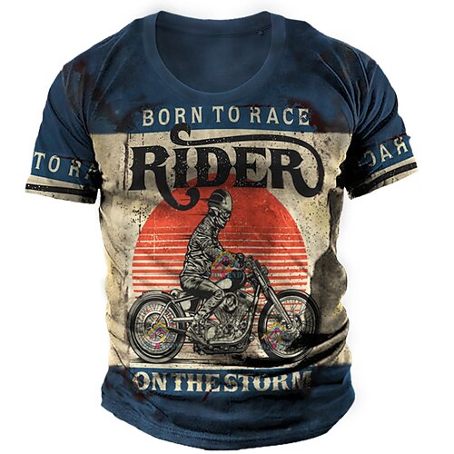 

Men's T shirt 3D Print Graphic Motorcycle Letter Crew Neck Casual Daily Print Short Sleeve Tops Fashion Vintage Classic Comfortable Blue