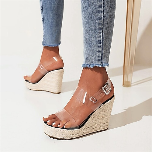 

Women's Sandals Daily Summer Wedge Heel Peep Toe Minimalism PU Leather Ankle Strap Solid Colored Almond Dark Brown Black