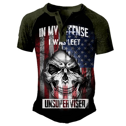 

Men's Henley Shirt Tee T shirt 3D Print Graphic Skull Plus Size Henley Daily Sports Patchwork Button-Down Short Sleeve Tops Basic Casual Classic Designer Army Green / Summer