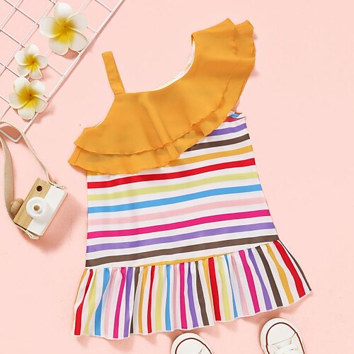 

Kids Little Girls' Dress Striped colour A Line Dress Daily Patchwork Rainbow Above Knee Short Sleeve Beautiful Cute Dresses Spring Summer Regular Fit 2-6 Years