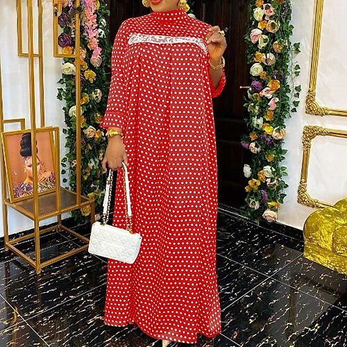 

Women's Shift Dress Maxi long Dress Black Red Yellow Long Sleeve Polka Dot Print Spring Summer Stand Collar Elegant Casual Muslim 2022 S M L XL XXL 3XL 4XL 5XL