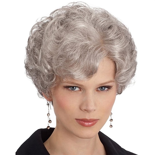 

Pixie Cut Wigs Short Grey Curly Wigs with Bangs for White Women Natural Looking Pixie Cut Wigs Heat Resistant Synthetic Costume Party Old Lady Christmas Wigs