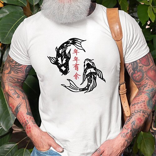 

Men's T shirt Hot Stamping Graphic Fish Crew Neck Casual Daily Print Short Sleeve Tops Basic Fashion Comfortable Big and Tall White