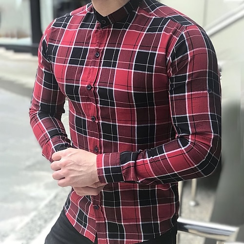 

Men's Shirt Hot Stamping Graphic Lattice Stand Collar Street Casual Button-Down Print Long Sleeve Tops Fashion Classic Comfortable Big and Tall Green Blue Red