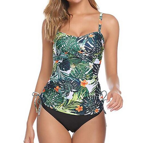 

Maillots de Bain 2 pièces Maillot de bain Femme Contrôle du Ventre Dos ouvert Imprimé pour les grosses poitrines Feuilles Grande Taille Camisole A Bretelles Maillots de bain nouveau Vacances Mode