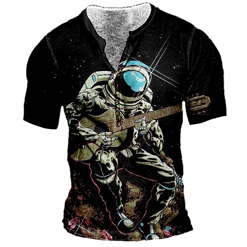 

Men's Henley Shirt Tee T shirt 3D Print Graphic Astronaut Plus Size Henley Daily Sports Button-Down Print Short Sleeve Tops Basic Casual Designer Big and Tall Black