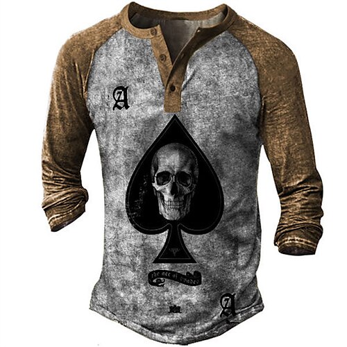 

Men's Henley Shirt Tee T shirt 3D Print Graphic Skull Plus Size Henley Daily Sports Button-Down Print Long Sleeve Tops Basic Casual Classic Designer Gray