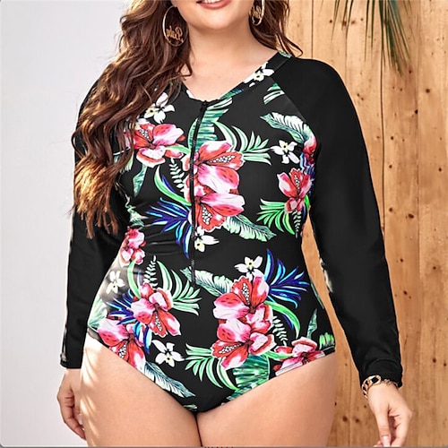 

Women's Swimwear Rash Guard Diving Plus Size Swimsuit Open Back Zipper Flower Black V Wire Bathing Suits New Vacation Fashion / Modern