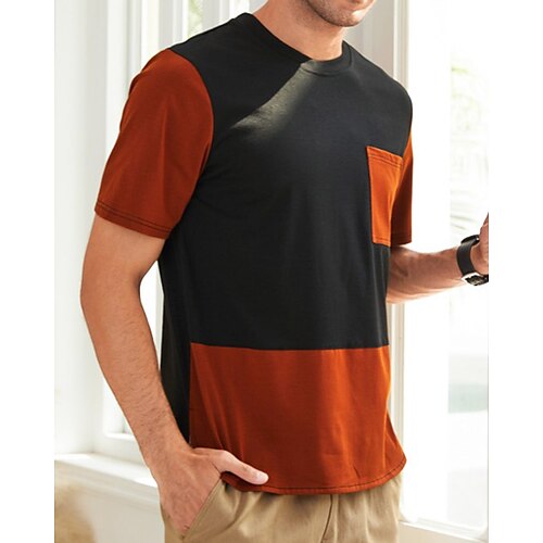 

Men's T shirt Color Block Round Neck Casual Daily Short Sleeve Tops Casual Orange