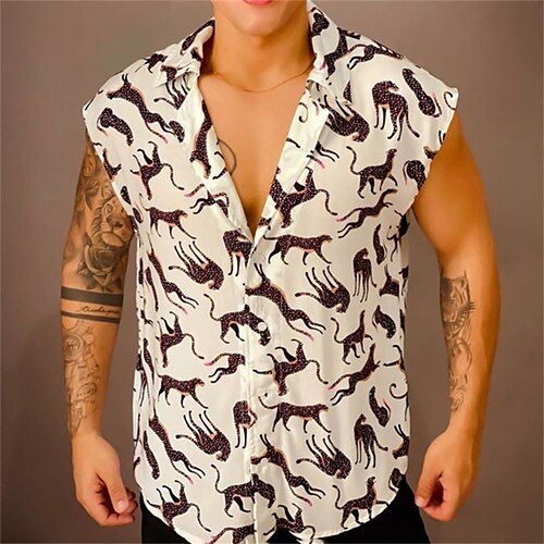 

Men's Shirt 3D Print Animal Turndown Street Casual Button-Down Sleeveless Tops Casual Fashion Breathable Comfortable White