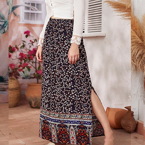 

Women's Fashion Long Skirts Holiday Vacation Floral / Botanical Split Black S M L