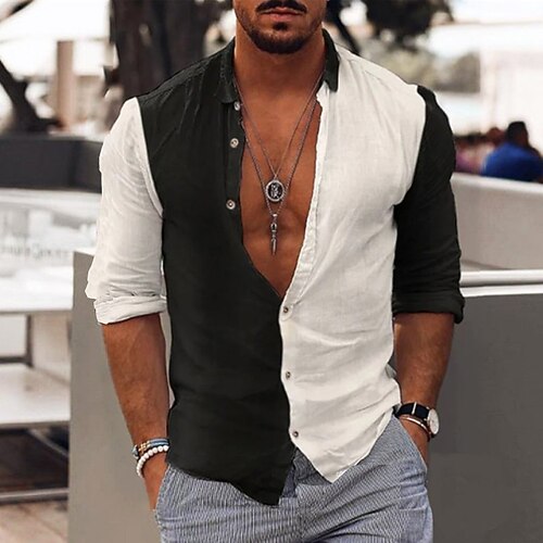 

Men's Shirt Color Block Turndown Street Casual Button-Down Long Sleeve Tops Fashion Classic Comfortable Big and Tall Black