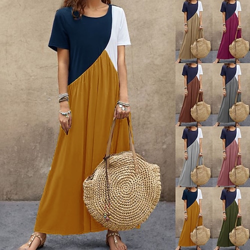 

Women's Loose Splice Basic Multi Color Elegant & Luxurious Round Neck T-shirt Sleeve Regular Summer Khaki Red Brown Yellow