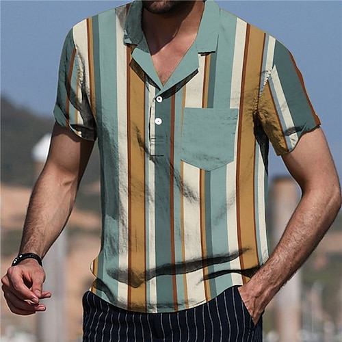 

Men's Shirt Print Striped Turndown Street Casual Button-Down Print Short Sleeve Tops Casual Fashion Designer Breathable Blue
