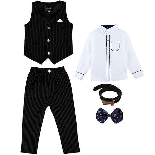 

5 Pieces Kids Boys FormalSet Clothing Set Outfit Stripe Long Sleeve Cotton Set Formal Gentle Preppy Style Spring Summer 4-13 Years Black Royal Blue Navy Blue