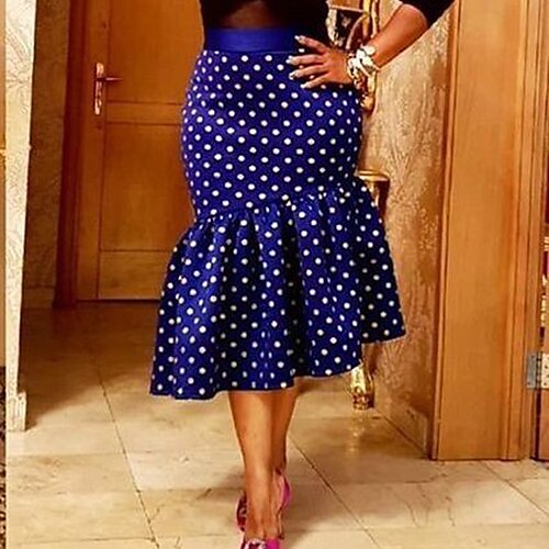 

Women's Fashion Calf-Length Skirts Vacation Casual / Daily Polka Dot Ruffle Blue Red Yellow S M L