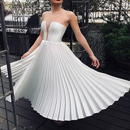 

Women's Party Dress Midi Dress White Sleeveless Pure Color Ruched Cold Shoulder Spring Summer Strapless Party Elegant 2022 S M L XL