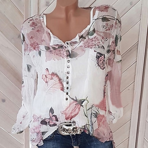 Women's Tops Blouse Shirt Floral Button Print Long Sleeve Crewneck Streetwear Daily Going out Polyester Fall Spring Green White, lightinthebox  - buy with discount