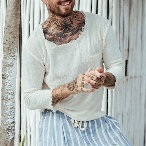 

Men's Shirt Solid Color Crew Neck Street Casual Long Sleeve Tops Casual Fashion Breathable Comfortable White