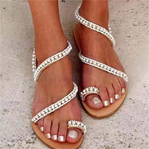 

Women's Sandals Boho Bohemia Beach Plus Size Wedding Sandals Pearl Flat Heel Open Toe Elegant Casual Minimalism Daily Beach Synthetics Loafer Summer Solid Colored Light Brown
