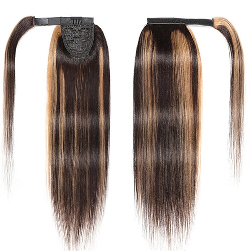 

Highlight Hair Extensions Ponytail Extensions Virgin Straight Human Hair 14-22 Inch Wrap Around Ponytail Remy Hair Extensions Clip in Hair Extensions with Magic Paste One Piece Hairpiece Hair For Women T4/27