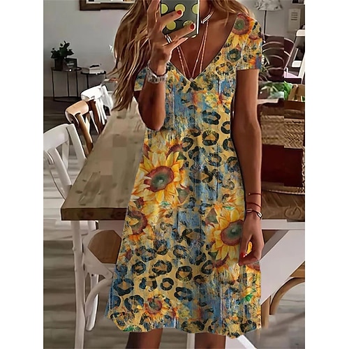 

Women's Casual Dress Midi Dress Rainbow Short Sleeve Floral Print Spring Summer V Neck Basic 2022 S M L XL XXL 3XL