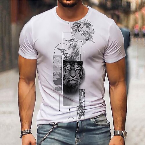 

Men's Unisex T shirt Hot Stamping Graphic Prints Tiger Crew Neck Street Daily Print Short Sleeve Tops Casual Designer Big and Tall Sports White