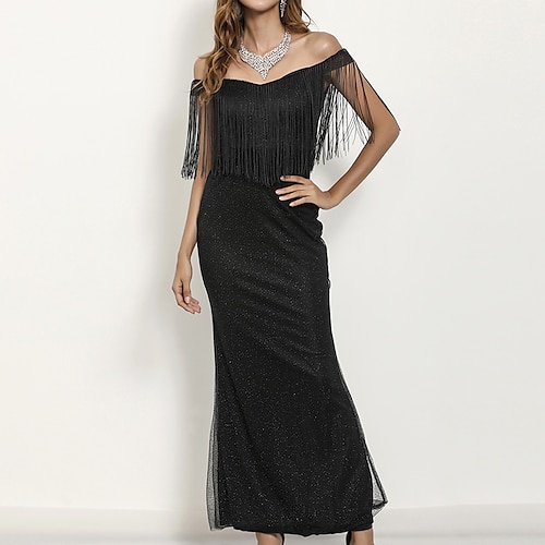 

Women's Bodycon Maxi long Dress Black Short Sleeve Solid Color Tassel Fringe Spring Summer Off Shoulder Elegant 2022 S M L XL / Party Dress