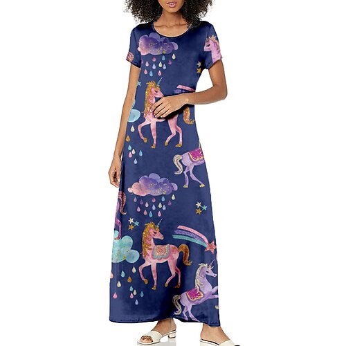 

Women's A Line Dress Maxi long Dress Blue Pink Light Blue Short Sleeve Animal Print Spring Summer Crew Neck Vacation Classic 2022 S M L XL XXL 3XL / 3D Print