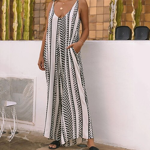 

Women's Jumpsuit Backless Pocket Striped V Neck Holiday Street Daily Regular Fit Sleeveless Beige S M L Spring