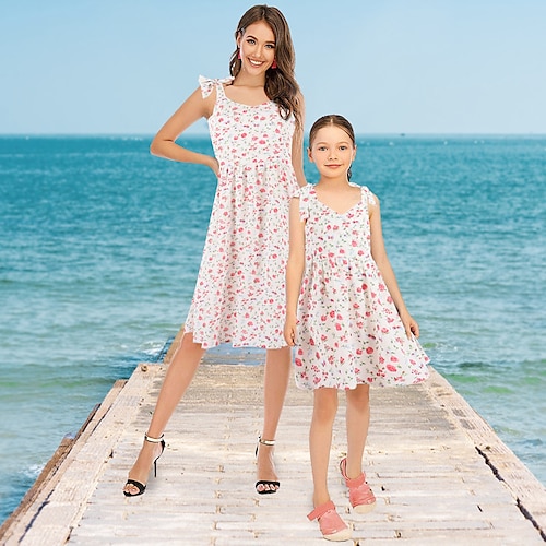 

Mommy and Me Dresses Floral Graphic Daily Print White Sleeveless Above Knee Strap Dress Adorable Matching Outfits